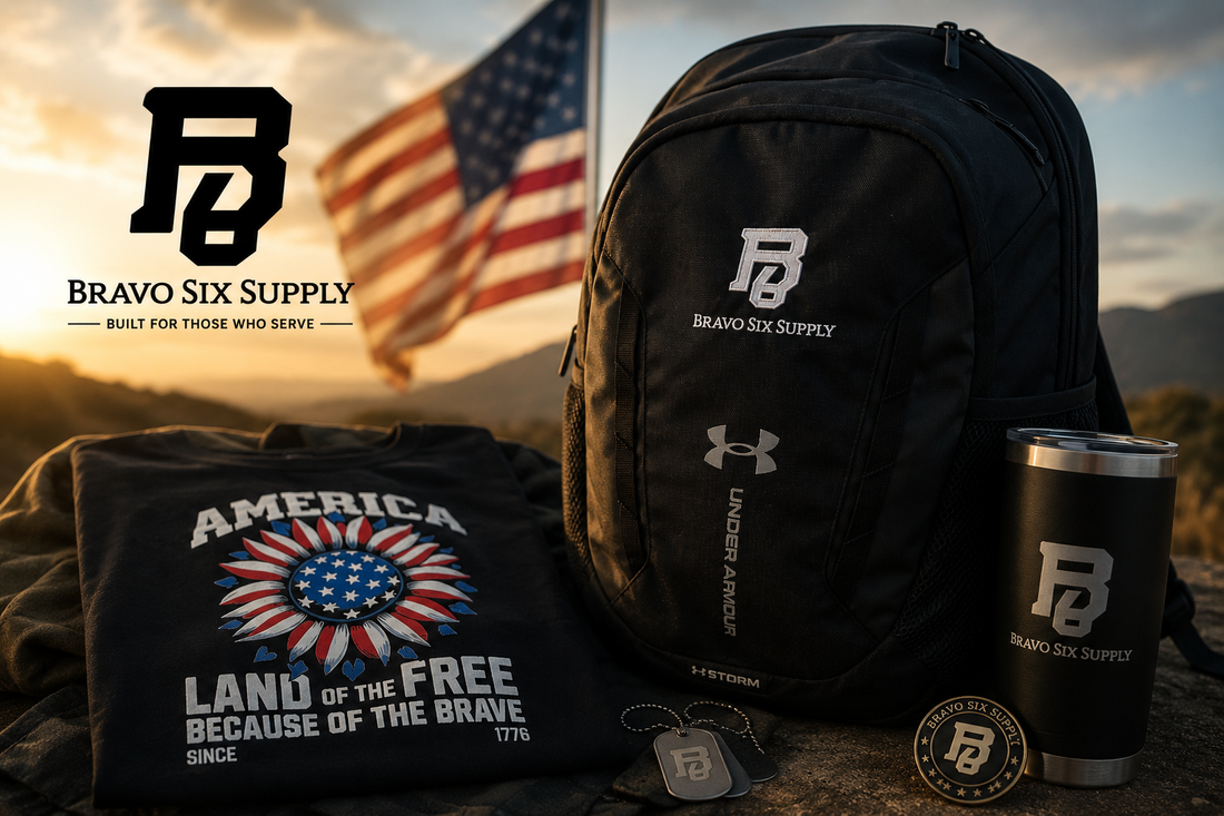 Bravo Six Supply patriotic T-shirt, branded backpack, tumbler, and accessories displayed with an American flag.