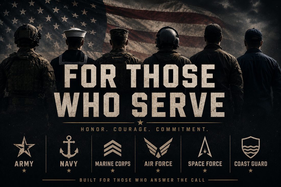 Six military figures beneath an American flag with “For Those Who Serve” text and symbols representing the Army, Navy, Marine Corps, Air Force, Space Force, and Coast Guard.