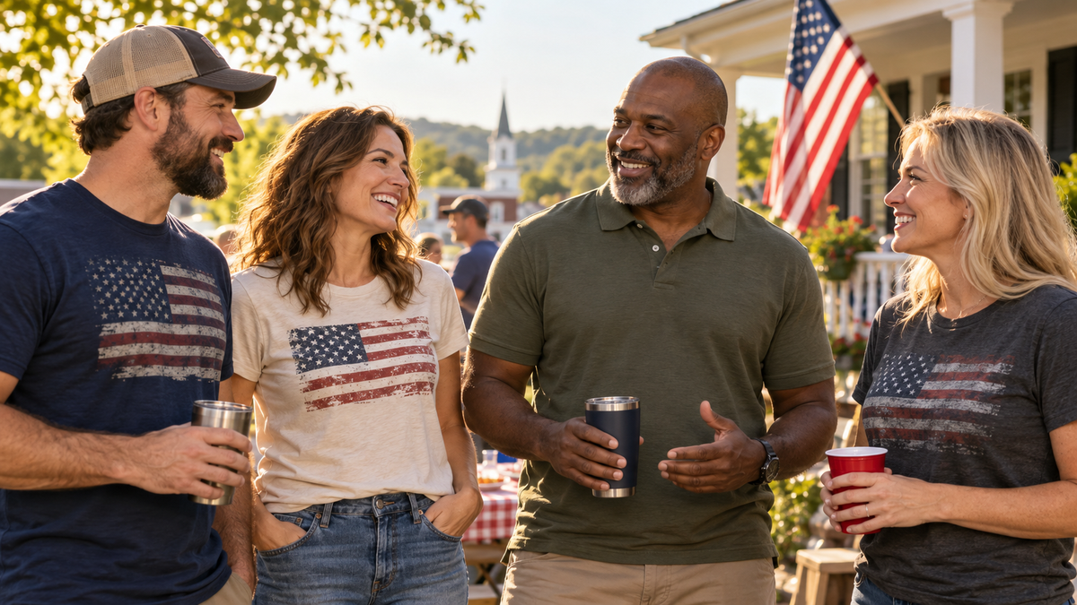 Four adults chatting outdoors in patriotic flag T-shirts and an olive polo, with an American flag hanging from a porch behind them.