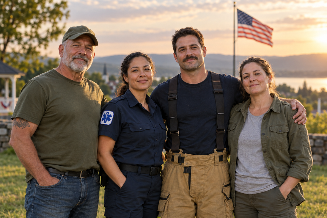 Illustration of veterans and first responders standing together outdoors with an American flag in the background.